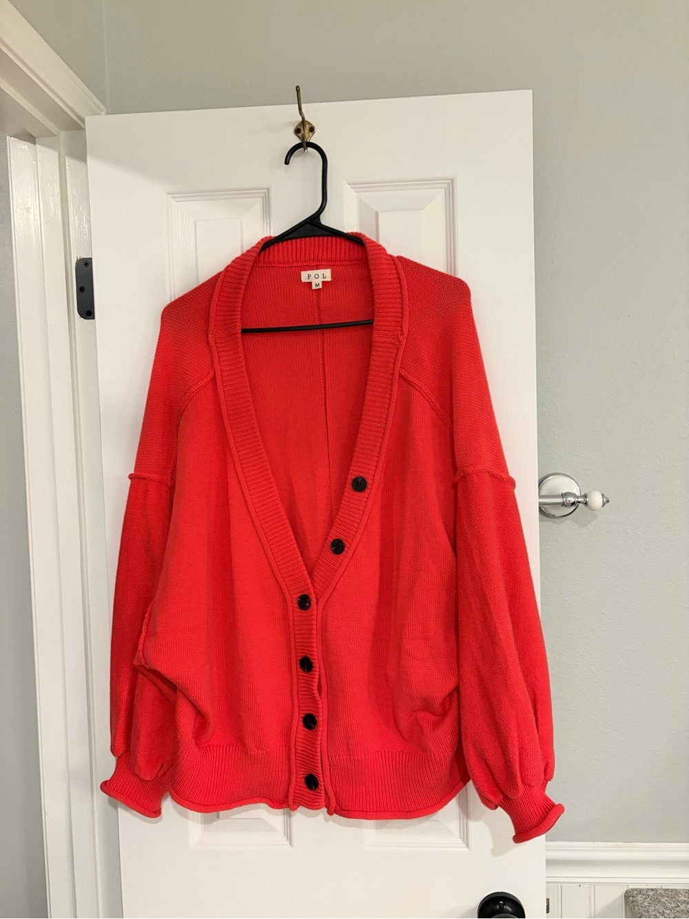 POL Oversized Tomato Red V-Neck Balloon Sleeve Sweater Medium